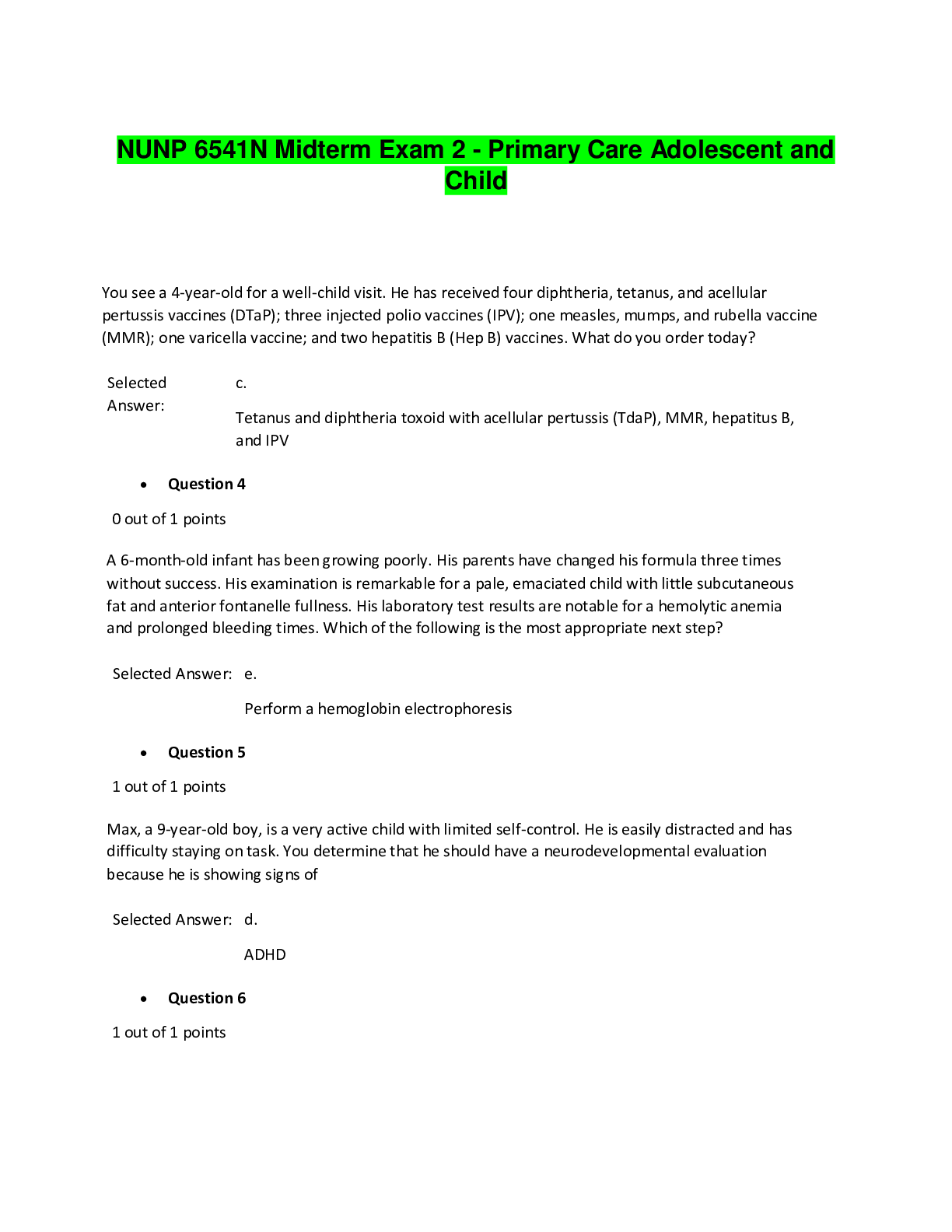 Preview image for NUNP 6541N Midterm Exam 2 - Primary Care Adolescent and Child